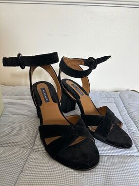 Margaux Black Suede Cross Strap Platform Block Heel Sandals With Box - Size 39
